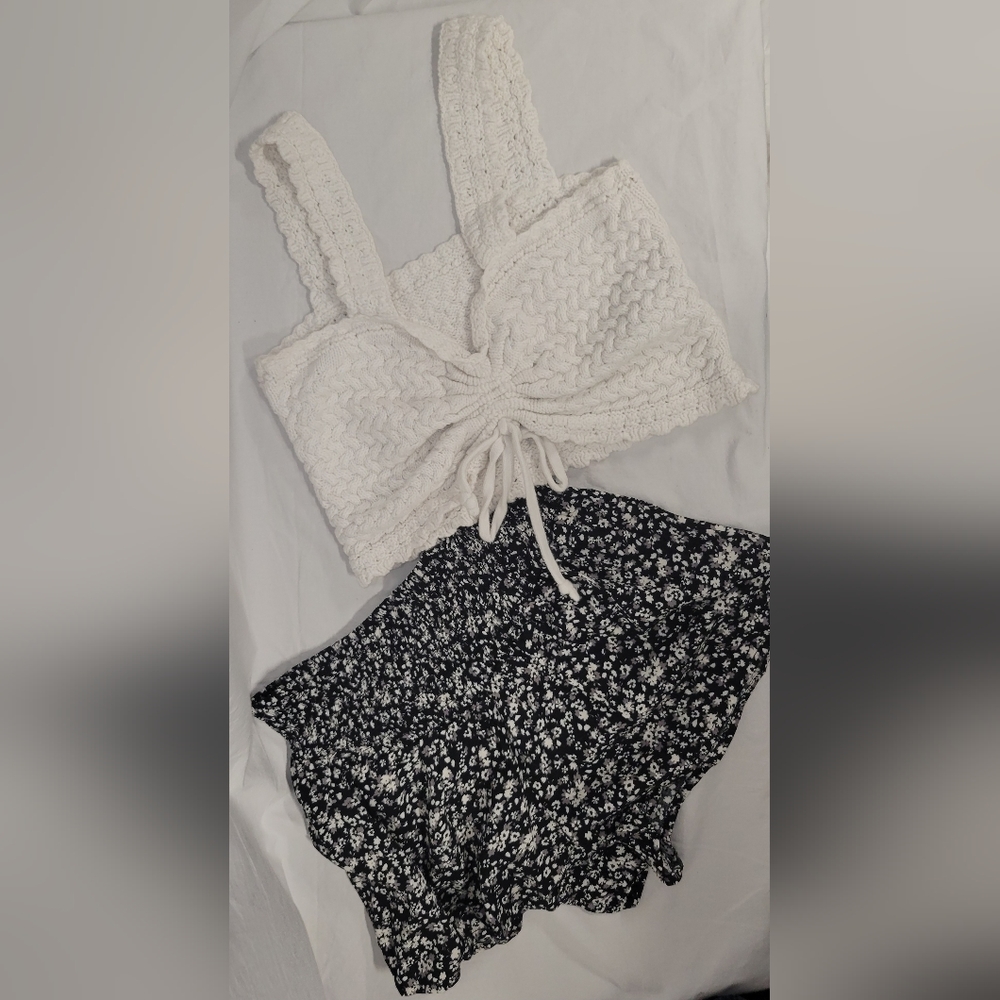Hollister White Cropped Tank Top Crochet Tie-Front Scalloped w/ black skorts